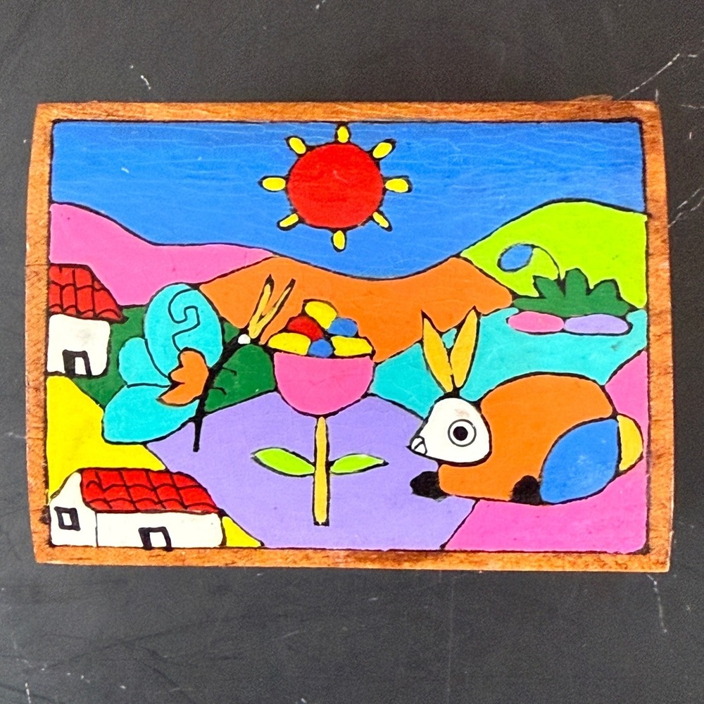 Vintage‎ Hand Painted Mini Wooden Folk Art Trinket Box La Palma El Salvador EUC